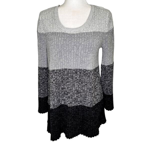 style & co Sweaters - Style & Co. Gray Black Striped Color Block Bell Sleeve Tunic Sweater